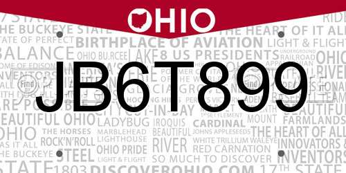 JB6T899 Ohio License Plate
