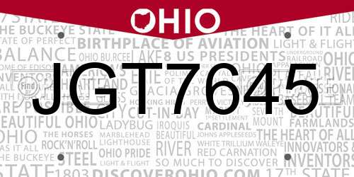 JGT7645 Ohio License Plate
