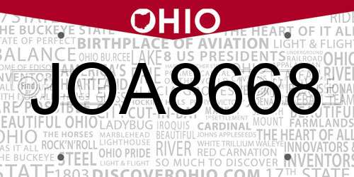 JOA8668 Ohio License Plate