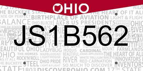 JS1B562 Ohio License Plate