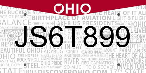 JS6T899 Ohio License Plate