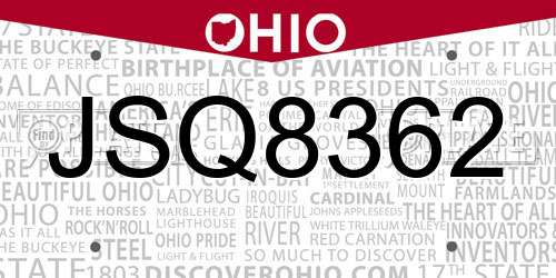JSQ8362 Ohio License Plate