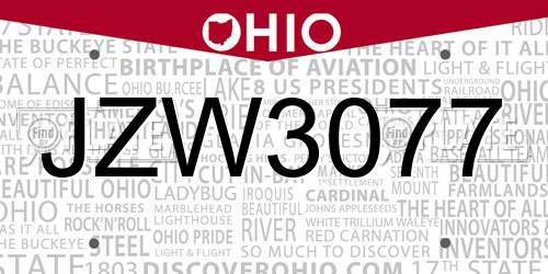 JZW3077 Ohio License Plate