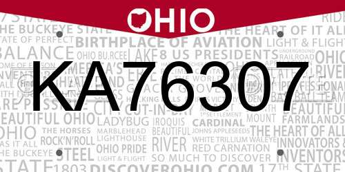 KA76307 Ohio License Plate