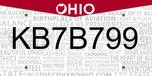 KB7B799 Ohio License Plate