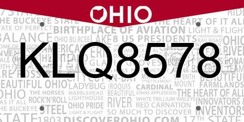 KLQ8578 Ohio License Plate
