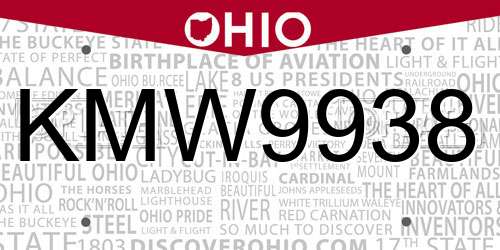 KMW9938 Ohio License Plate