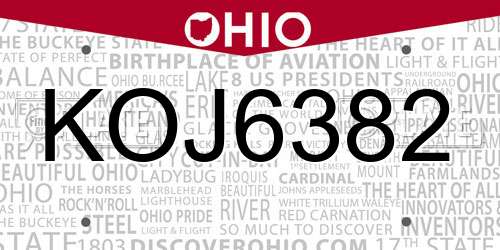 KOJ6382 Ohio License Plate