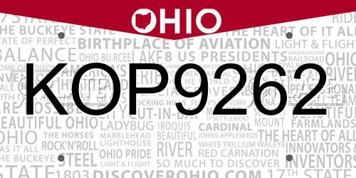 KOP9262 Ohio License Plate