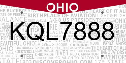 KQL7888 Ohio License Plate