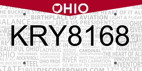 KRY8168 Ohio License Plate