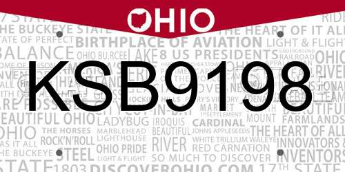 KSB9198 Ohio License Plate