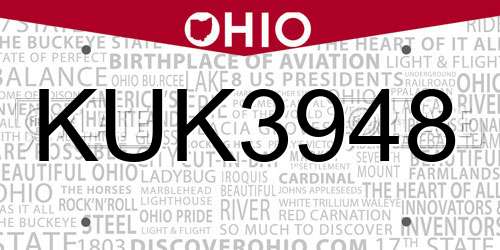 KUK3948 Ohio License Plate