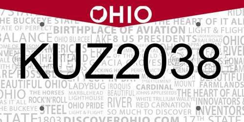 KUZ2038 Ohio License Plate