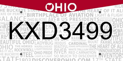 KXD3499 Ohio License Plate