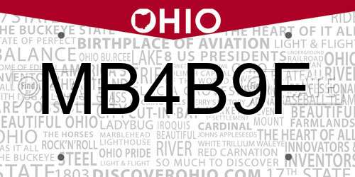 MB4B9F Ohio License Plate