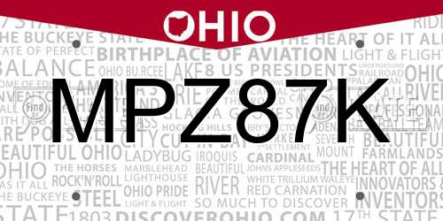 MPZ87K Ohio License Plate