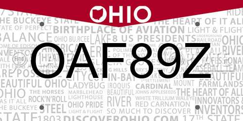 OAF89Z Ohio License Plate