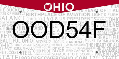 OOD54F Ohio License Plate