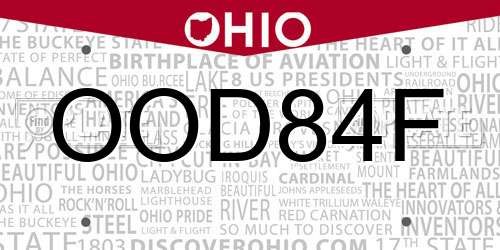 OOD84F Ohio License Plate