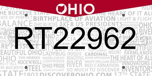 RT22962 Ohio License Plate