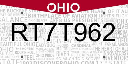 RT7T962 Ohio License Plate