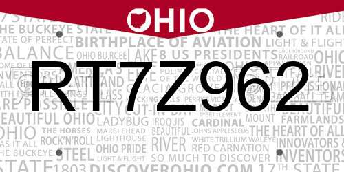 RT7Z962 Ohio License Plate
