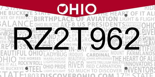 RZ2T962 Ohio License Plate