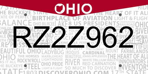 RZ2Z962 Ohio License Plate