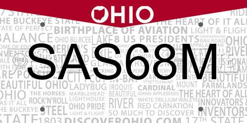 SAS68M Ohio License Plate