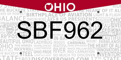SBF962 Ohio License Plate