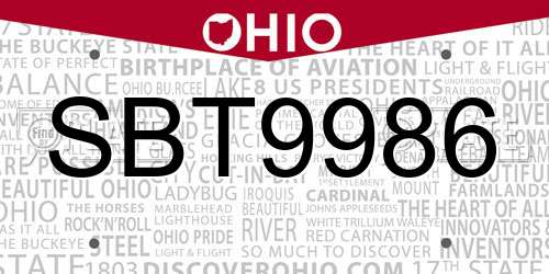 SBT9986 Ohio License Plate