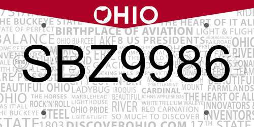 SBZ9986 Ohio License Plate