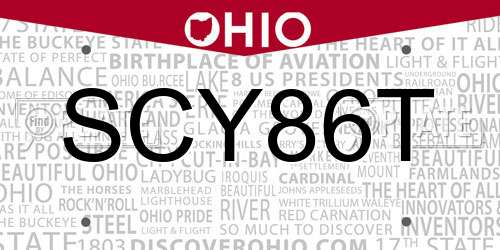 SCY86T Ohio License Plate