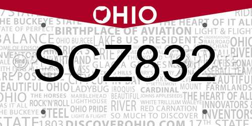 SCZ832 Ohio License Plate