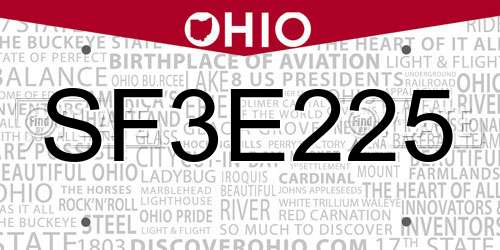 SF3E225 Ohio License Plate