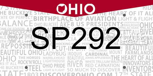 SP292 Ohio License Plate