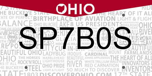 SP7B0S Ohio License Plate