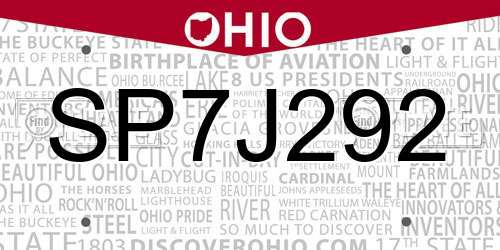 SP7J292 Ohio License Plate