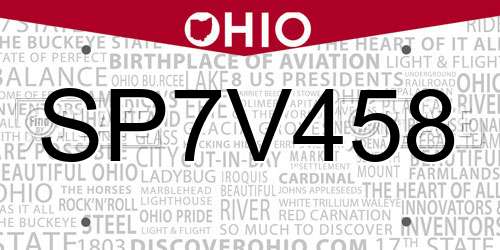 SP7V458 Ohio License Plate