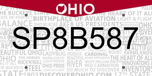 SP8B587 Ohio License Plate
