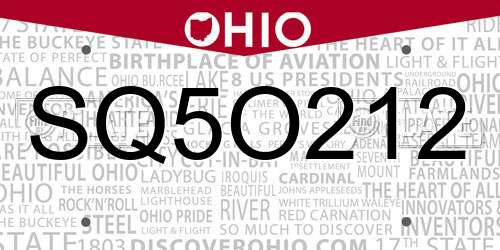 SQ5O212 Ohio License Plate