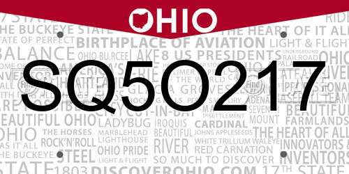SQ5O217 Ohio License Plate