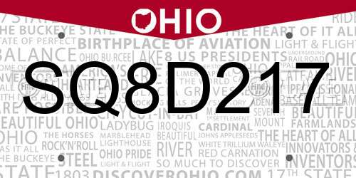 SQ8D217 Ohio License Plate