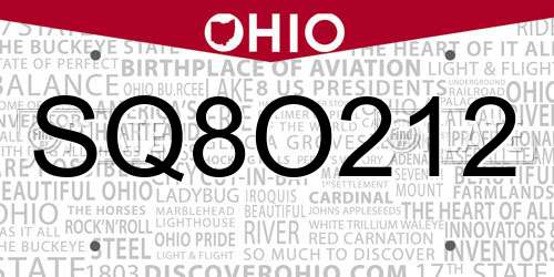SQ8O212 Ohio License Plate