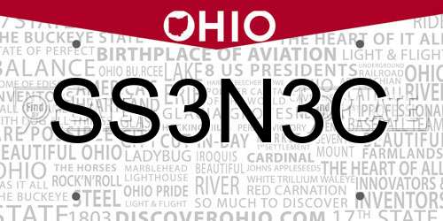 SS3N3C Ohio License Plate