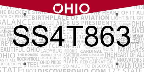 SS4T863 Ohio License Plate