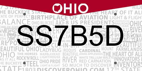 SS7B5D Ohio License Plate