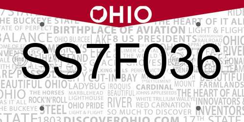 SS7F036 Ohio License Plate