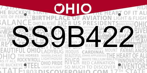 SS9B422 Ohio License Plate